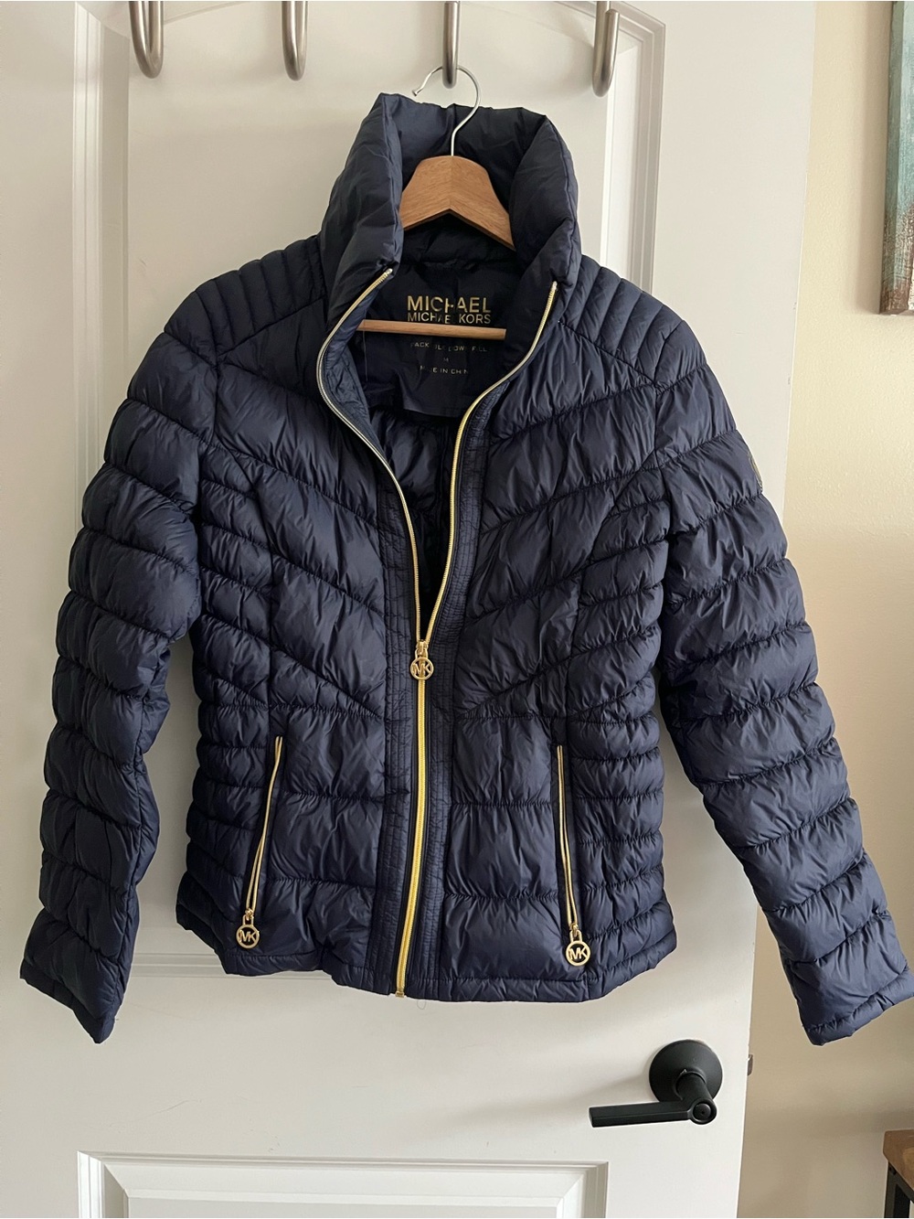 MICHAEL KORS Navy Blue Puffer Jacket Gold Zipper Sz M